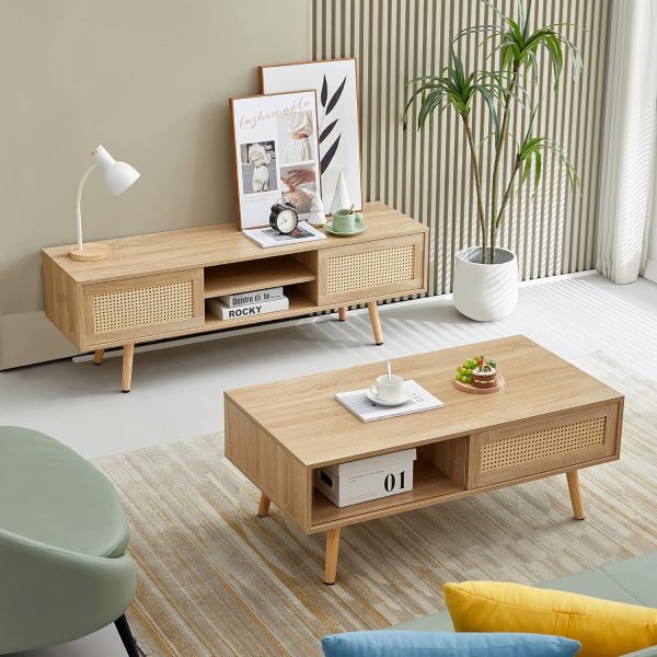 2 Piece Mid-Century Wood Coffee Table and 55.12" Rattan TV Stand, Boho Farmhouse Center Table with Sliding Rattan Doors, Entertainment Center Media Console for Living Room Bedroom
