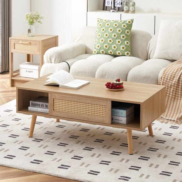2 Piece Mid-Century Wood Coffee Table and 55.12" Rattan TV Stand, Boho Farmhouse Center Table with Sliding Rattan Doors, Entertainment Center Media Console for Living Room Bedroom - Image 2