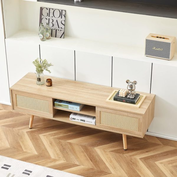 2 Piece Mid-Century Wood Coffee Table and 55.12" Rattan TV Stand, Boho Farmhouse Center Table with Sliding Rattan Doors, Entertainment Center Media Console for Living Room Bedroom - Image 3