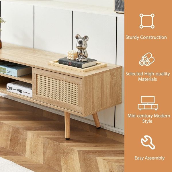 2 Piece Mid-Century Wood Coffee Table and 55.12" Rattan TV Stand, Boho Farmhouse Center Table with Sliding Rattan Doors, Entertainment Center Media Console for Living Room Bedroom - Image 6