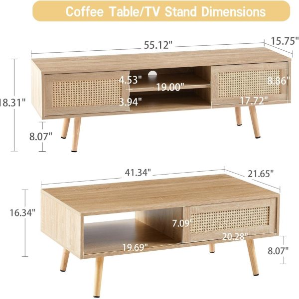 2 Piece Mid-Century Wood Coffee Table and 55.12" Rattan TV Stand, Boho Farmhouse Center Table with Sliding Rattan Doors, Entertainment Center Media Console for Living Room Bedroom - Image 7