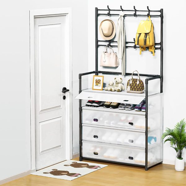 5-Tier Coat and Shoe Rack，Dust Prevention Coat and Shoe Rack Entryway ，3-in-1 coat hanger and shoe rack，30 "L x 14 "W x 66 "H coat rack with shoe storage，Hallway rack with hooks for Home,Black