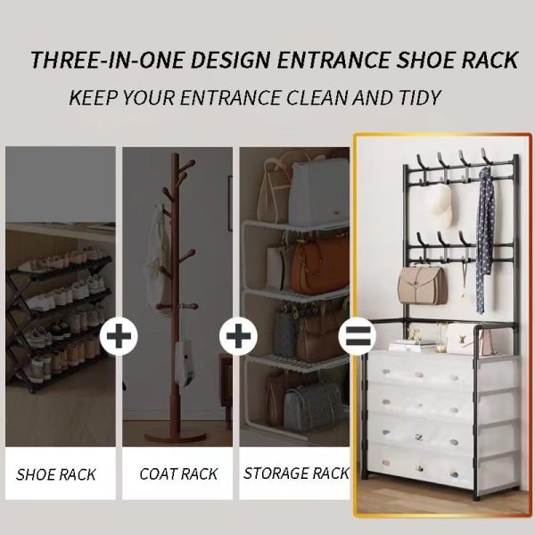 5-Tier Coat and Shoe Rack，Dust Prevention Coat and Shoe Rack Entryway ，3-in-1 coat hanger and shoe rack，30 "L x 14 "W x 66 "H coat rack with shoe storage，Hallway rack with hooks for Home,Black - Image 4
