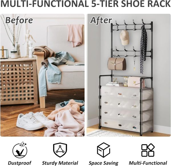 5-Tier Coat and Shoe Rack，Dust Prevention Coat and Shoe Rack Entryway ，3-in-1 coat hanger and shoe rack，30 "L x 14 "W x 66 "H coat rack with shoe storage，Hallway rack with hooks for Home,Black - Image 5