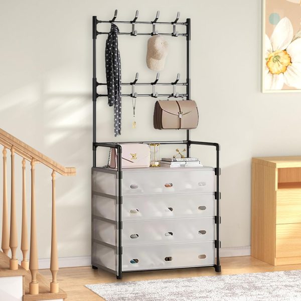5-Tier Coat and Shoe Rack，Dust Prevention Coat and Shoe Rack Entryway ，3-in-1 coat hanger and shoe rack，30 "L x 14 "W x 66 "H coat rack with shoe storage，Hallway rack with hooks for Home,Black - Image 6