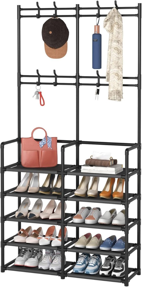 5-Tier Entryway Coat Rack, Coat and Shoe Rack, Entryway Bench Storage Organizer with 8 Hooks for Bedroom, Hallway, Office, Black