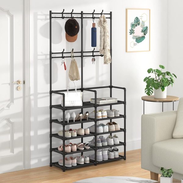 5-Tier Entryway Coat Rack, Coat and Shoe Rack, Entryway Bench Storage Organizer with 8 Hooks for Bedroom, Hallway, Office, Black - Image 2