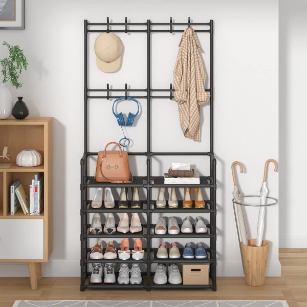 5-Tier Entryway Coat Rack, Coat and Shoe Rack, Entryway Bench Storage Organizer with 8 Hooks for Bedroom, Hallway, Office, Black - Image 3