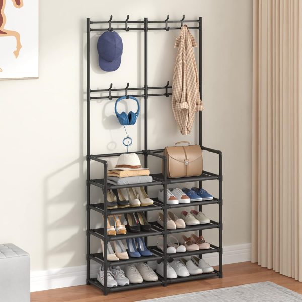 5-Tier Entryway Coat Rack, Coat and Shoe Rack, Entryway Bench Storage Organizer with 8 Hooks for Bedroom, Hallway, Office, Black - Image 4