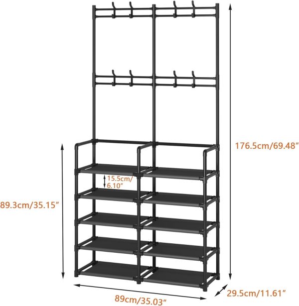 5-Tier Entryway Coat Rack, Coat and Shoe Rack, Entryway Bench Storage Organizer with 8 Hooks for Bedroom, Hallway, Office, Black - Image 5