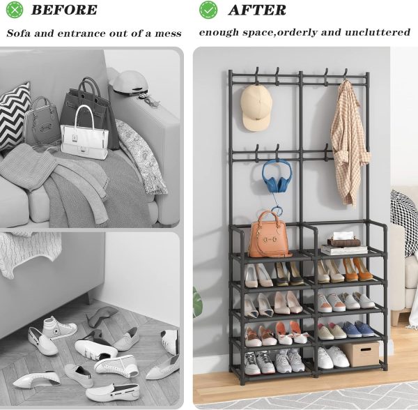 5-Tier Entryway Coat Rack, Coat and Shoe Rack, Entryway Bench Storage Organizer with 8 Hooks for Bedroom, Hallway, Office, Black - Image 6