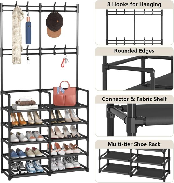 5-Tier Entryway Coat Rack, Coat and Shoe Rack, Entryway Bench Storage Organizer with 8 Hooks for Bedroom, Hallway, Office, Black - Image 7