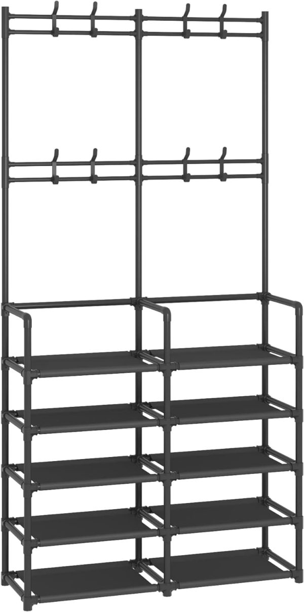 5-Tier Entryway Coat Rack, Coat and Shoe Rack, Entryway Bench Storage Organizer with 8 Hooks for Bedroom, Hallway, Office, Black - Image 8