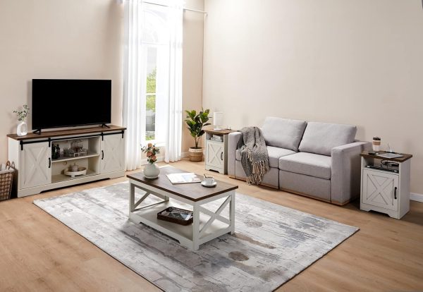 AMERLIFE 4-Piece Farmhouse Table Set Includes Sliding Barn Door TV Stand, Coffee Table& Two End Tables, Side Table with Charging Station and USB Ports, for Living Room, Bedroom, Distressed White, 66" - Image 2
