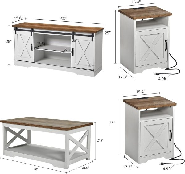 AMERLIFE 4-Piece Farmhouse Table Set Includes Sliding Barn Door TV Stand, Coffee Table& Two End Tables, Side Table with Charging Station and USB Ports, for Living Room, Bedroom, Distressed White, 66" - Image 3