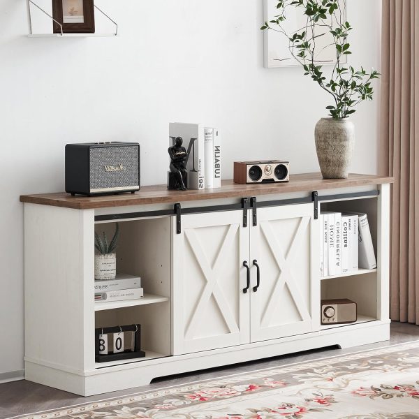 AMERLIFE 4-Piece Farmhouse Table Set Includes Sliding Barn Door TV Stand, Coffee Table& Two End Tables, Side Table with Charging Station and USB Ports, for Living Room, Bedroom, Distressed White, 66" - Image 8