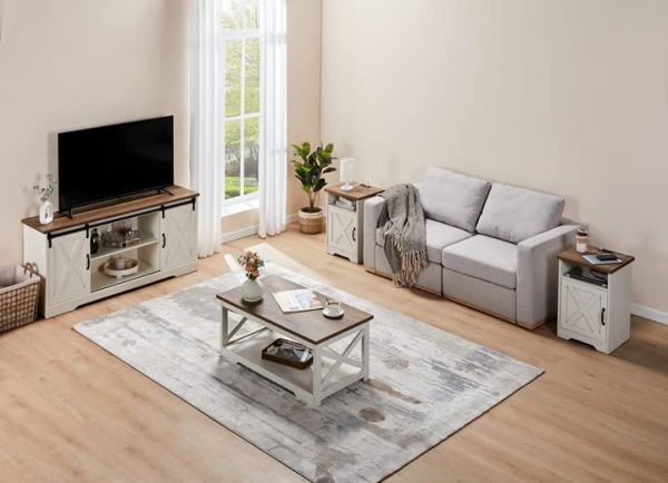 AMERLIFE 4-Piece Farmhouse Table Set Includes Sliding Barn Door TV Stand, Coffee Table& Two End Tables, Side Table with Charging Station and USB Ports, for Living Room, Bedroom, Distressed White, 66" - Image 9