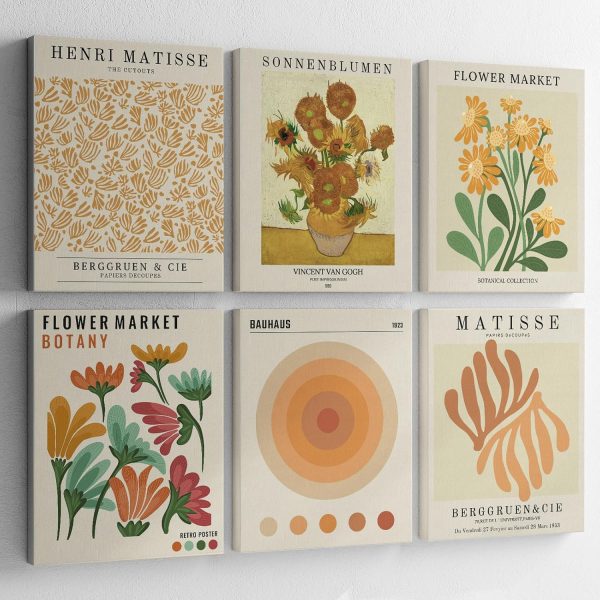 ARPEOTCY 6 Pcs Yellow Flower Market Canvas Wall Art, Abstract Floral Market Wall Pictures Dorm Decor Aesthetic, Vintage Neutral Decor, Matisse,Van Gogh Master Canvas Paintings Artwork, 8x10 Inch