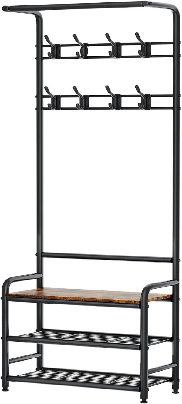 Coat Rack, Entryway Hall Tree with Shoe Bench and Storage, 4-in-1 Coat Rack with 3-Tier Shelves, Hanging Rod and 8 Hooks, Freestanding Coat Rack Stand for Living Room, Bedroom, Rustic Brown