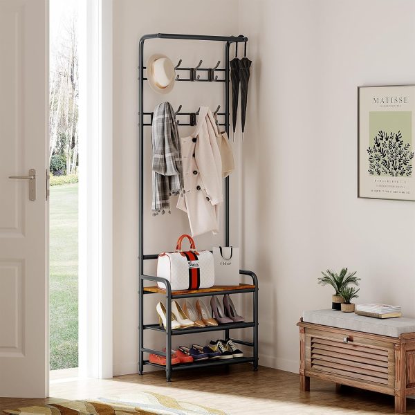 Coat Rack, Entryway Hall Tree with Shoe Bench and Storage, 4-in-1 Coat Rack with 3-Tier Shelves, Hanging Rod and 8 Hooks, Freestanding Coat Rack Stand for Living Room, Bedroom, Rustic Brown - Image 2