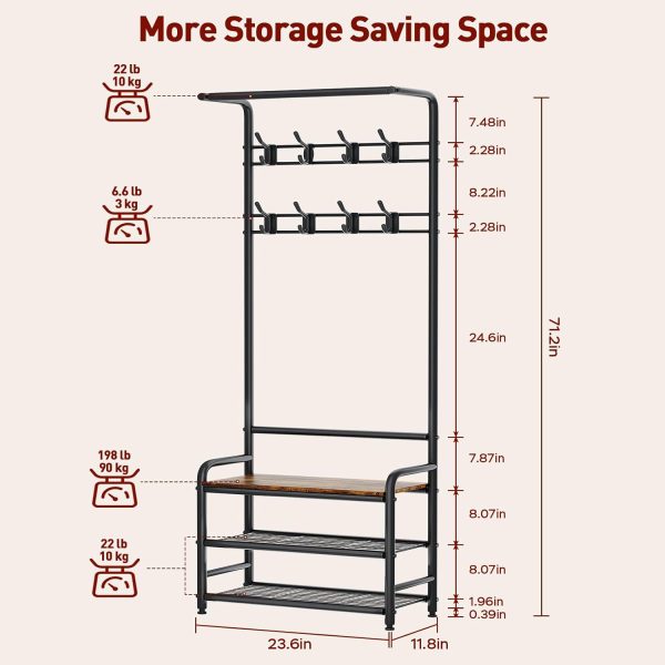 Coat Rack, Entryway Hall Tree with Shoe Bench and Storage, 4-in-1 Coat Rack with 3-Tier Shelves, Hanging Rod and 8 Hooks, Freestanding Coat Rack Stand for Living Room, Bedroom, Rustic Brown - Image 3