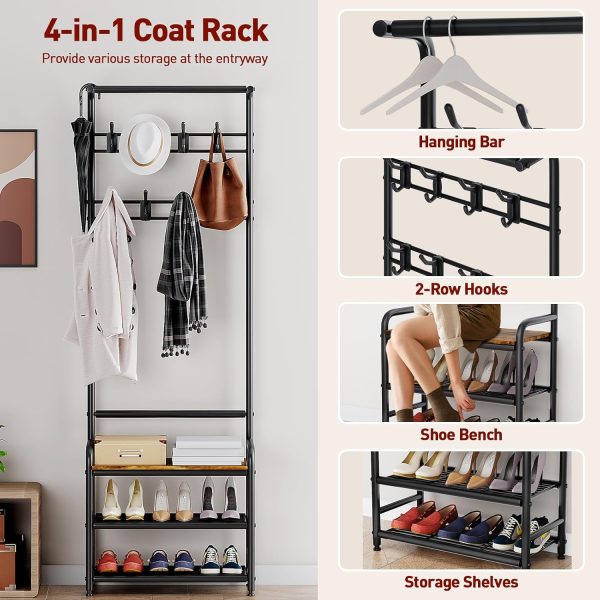 Coat Rack, Entryway Hall Tree with Shoe Bench and Storage, 4-in-1 Coat Rack with 3-Tier Shelves, Hanging Rod and 8 Hooks, Freestanding Coat Rack Stand for Living Room, Bedroom, Rustic Brown - Image 4