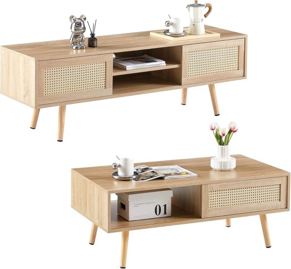 Coffee Table and TV Stand Set, Boho Style Natural Rattan Sliding Door, Farmhouse Coffee Table and TV Stand with Storage, Solid Wood Legs, Natural Style for Home Living Room