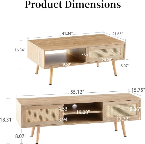 Coffee Table and TV Stand Set, Boho Style Natural Rattan Sliding Door, Farmhouse Coffee Table and TV Stand with Storage, Solid Wood Legs, Natural Style for Home Living Room - Image 2