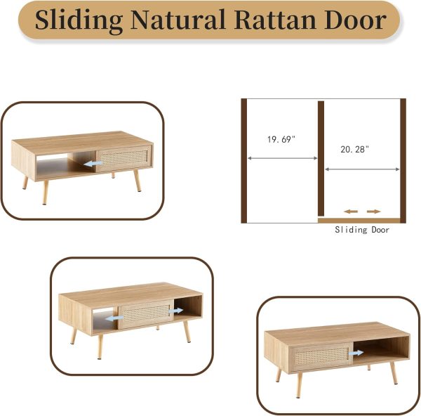 Coffee Table and TV Stand Set, Boho Style Natural Rattan Sliding Door, Farmhouse Coffee Table and TV Stand with Storage, Solid Wood Legs, Natural Style for Home Living Room - Image 4