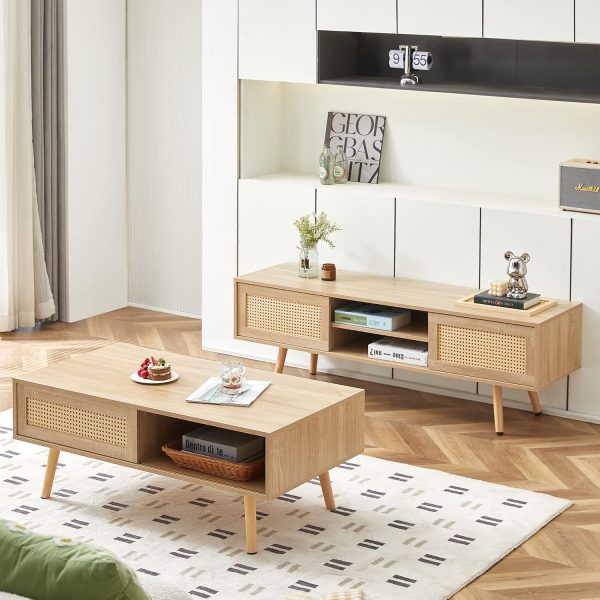 Coffee Table and TV Stand Set, Boho Style Natural Rattan Sliding Door, Farmhouse Coffee Table and TV Stand with Storage, Solid Wood Legs, Natural Style for Home Living Room - Image 5