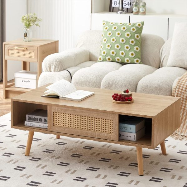 Coffee Table and TV Stand Set, Boho Style Natural Rattan Sliding Door, Farmhouse Coffee Table and TV Stand with Storage, Solid Wood Legs, Natural Style for Home Living Room - Image 6
