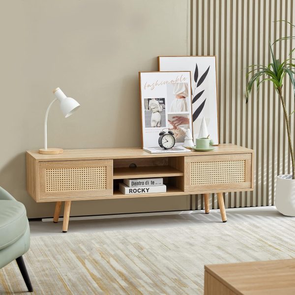 Coffee Table and TV Stand Set, Boho Style Natural Rattan Sliding Door, Farmhouse Coffee Table and TV Stand with Storage, Solid Wood Legs, Natural Style for Home Living Room - Image 7