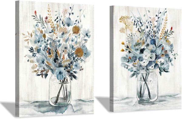 Floral Canvas Wall Art Prints: Abstract Blossom Flower Bouquet in Glass Bottle Picture Print on Canvas Small Size for Dining Room (12'' x 16'' x 2 Panels)