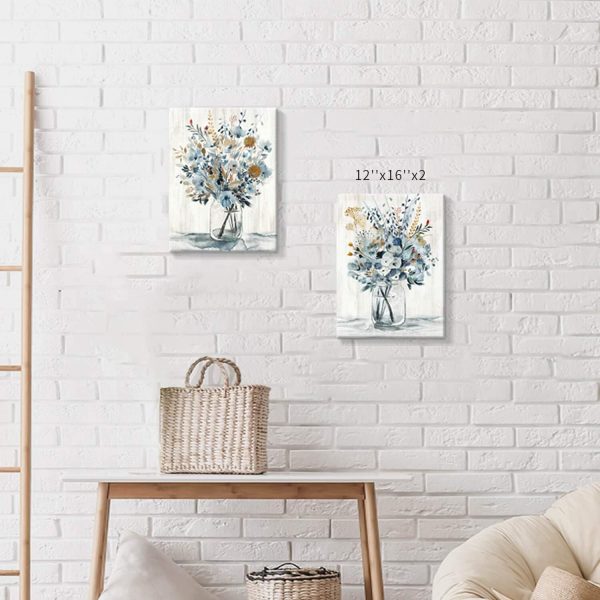 Floral Canvas Wall Art Prints: Abstract Blossom Flower Bouquet in Glass Bottle Picture Print on Canvas Small Size for Dining Room (12'' x 16'' x 2 Panels) - Image 2