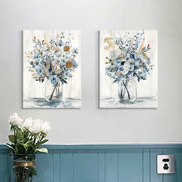 Floral Canvas Wall Art Prints: Abstract Blossom Flower Bouquet in Glass Bottle Picture Print on Canvas Small Size for Dining Room (12'' x 16'' x 2 Panels) - Image 3