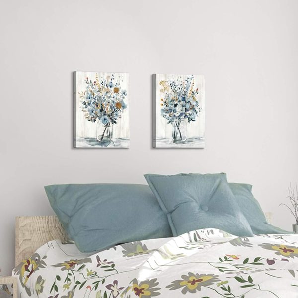 Floral Canvas Wall Art Prints: Abstract Blossom Flower Bouquet in Glass Bottle Picture Print on Canvas Small Size for Dining Room (12'' x 16'' x 2 Panels) - Image 4