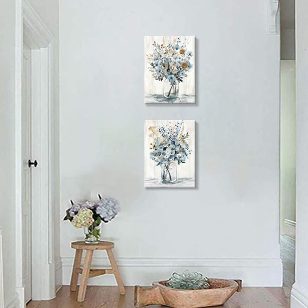Floral Canvas Wall Art Prints: Abstract Blossom Flower Bouquet in Glass Bottle Picture Print on Canvas Small Size for Dining Room (12'' x 16'' x 2 Panels) - Image 5