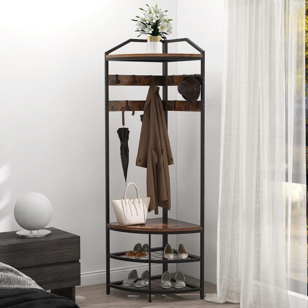 GiftGo Corner Hall Tree with Shoe Bench Entryway Coat Rack with 10 Metal Movable Hooks Floor Standing Clothes Rack Shoes Shelf Organizer for Home Office Bedroom (Rustic Brown) - Image 2