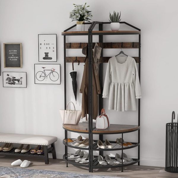GiftGo Corner Hall Tree with Shoe Bench Entryway Coat Rack with 10 Metal Movable Hooks Floor Standing Clothes Rack Shoes Shelf Organizer for Home Office Bedroom (Rustic Brown) - Image 3