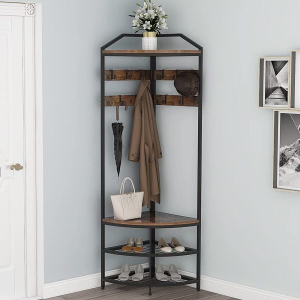 GiftGo Corner Hall Tree with Shoe Bench Entryway Coat Rack with 10 Metal Movable Hooks Floor Standing Clothes Rack Shoes Shelf Organizer for Home Office Bedroom (Rustic Brown) - Image 4