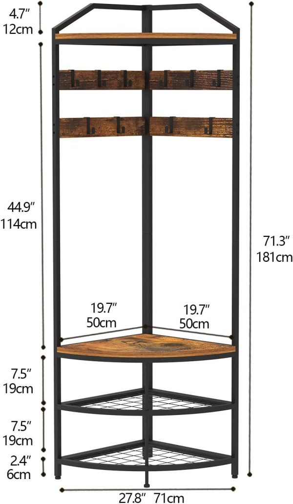 GiftGo Corner Hall Tree with Shoe Bench Entryway Coat Rack with 10 Metal Movable Hooks Floor Standing Clothes Rack Shoes Shelf Organizer for Home Office Bedroom (Rustic Brown) - Image 5