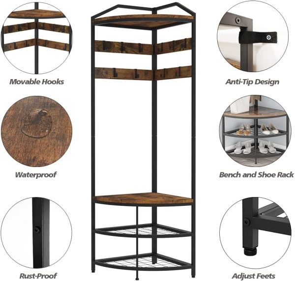 GiftGo Corner Hall Tree with Shoe Bench Entryway Coat Rack with 10 Metal Movable Hooks Floor Standing Clothes Rack Shoes Shelf Organizer for Home Office Bedroom (Rustic Brown) - Image 6
