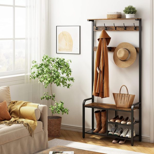 Hoctieon 3 in 1 Design Coat Rack Shoe Bench, Hall Tree for Entryway Storage Bench, Shelf Organizer, Shoe Storage, Multifunctional, Freestanding, Easy Assembly, Metal Frame, Vintage, Rustic Brown - Image 2
