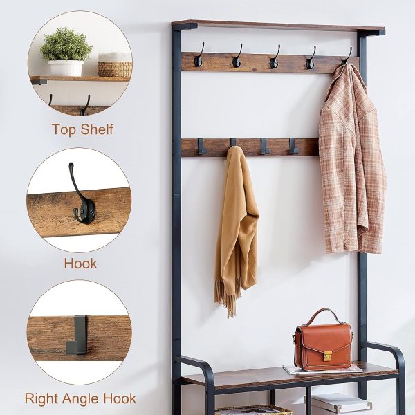 Hoctieon 3 in 1 Design Coat Rack Shoe Bench, Hall Tree for Entryway Storage Bench, Shelf Organizer, Shoe Storage, Multifunctional, Freestanding, Easy Assembly, Metal Frame, Vintage, Rustic Brown - Image 3