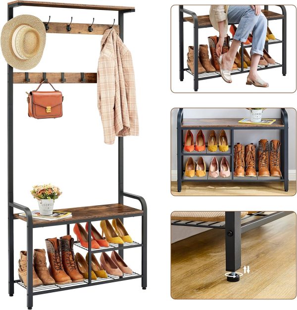 Hoctieon 3 in 1 Design Coat Rack Shoe Bench, Hall Tree for Entryway Storage Bench, Shelf Organizer, Shoe Storage, Multifunctional, Freestanding, Easy Assembly, Metal Frame, Vintage, Rustic Brown - Image 4