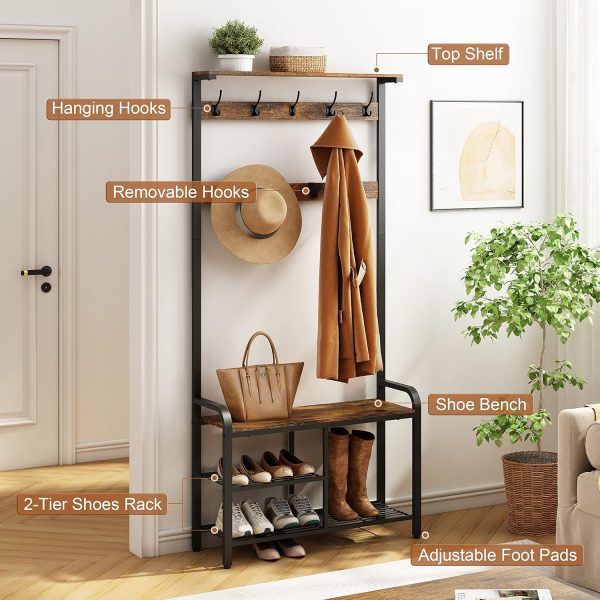 Hoctieon 3 in 1 Design Coat Rack Shoe Bench, Hall Tree for Entryway Storage Bench, Shelf Organizer, Shoe Storage, Multifunctional, Freestanding, Easy Assembly, Metal Frame, Vintage, Rustic Brown - Image 5