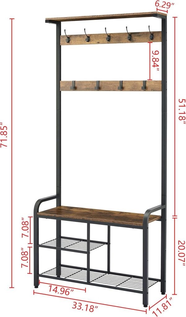 Hoctieon 3 in 1 Design Coat Rack Shoe Bench, Hall Tree for Entryway Storage Bench, Shelf Organizer, Shoe Storage, Multifunctional, Freestanding, Easy Assembly, Metal Frame, Vintage, Rustic Brown - Image 7