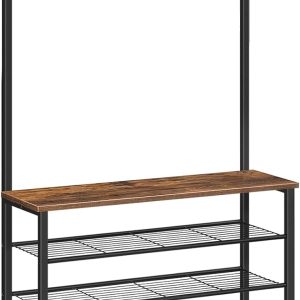 HOOBRO Hall Tree, Coat Rack with Shoe Rack, Hall Tree with Bench, 5 Tier Shoe Storage Organizer with 9 Hooks for Entryway, Closet, Sturdy, Industrial, Rustic Brown and Black BF80MT01G2