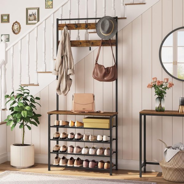 HOOBRO Hall Tree, Coat Rack with Shoe Rack, Hall Tree with Bench, 5 Tier Shoe Storage Organizer with 9 Hooks for Entryway, Closet, Sturdy, Industrial, Rustic Brown and Black BF80MT01G2 - Image 2