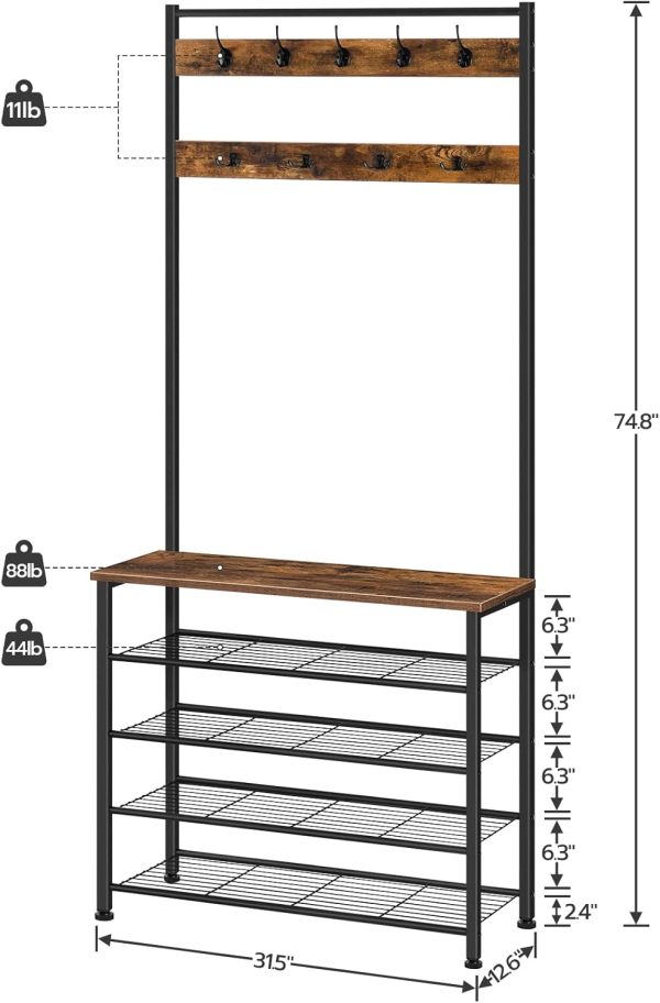 HOOBRO Hall Tree, Coat Rack with Shoe Rack, Hall Tree with Bench, 5 Tier Shoe Storage Organizer with 9 Hooks for Entryway, Closet, Sturdy, Industrial, Rustic Brown and Black BF80MT01G2 - Image 4